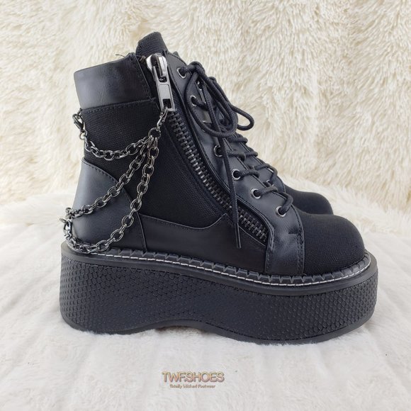 Emily Black Canvas Chain Goth 2" Platform Ankle Boots 114x - Picture 13 of 16